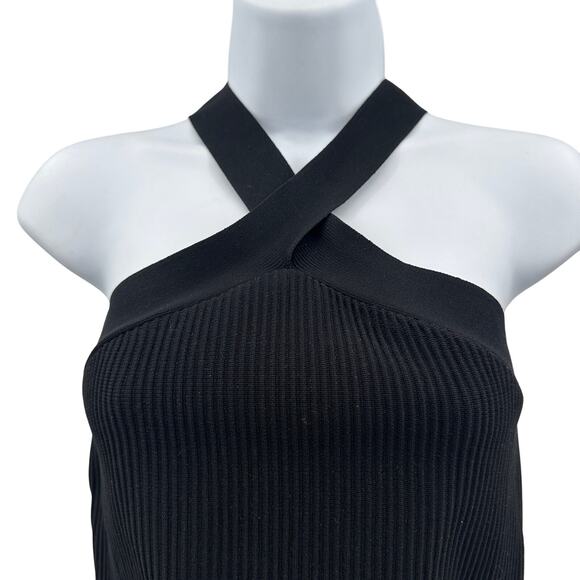 Sincerely Jules Criss Cross Halter Cropped Top WMNS M Black Ribbed Knit Stretch - Picture 4 of 8